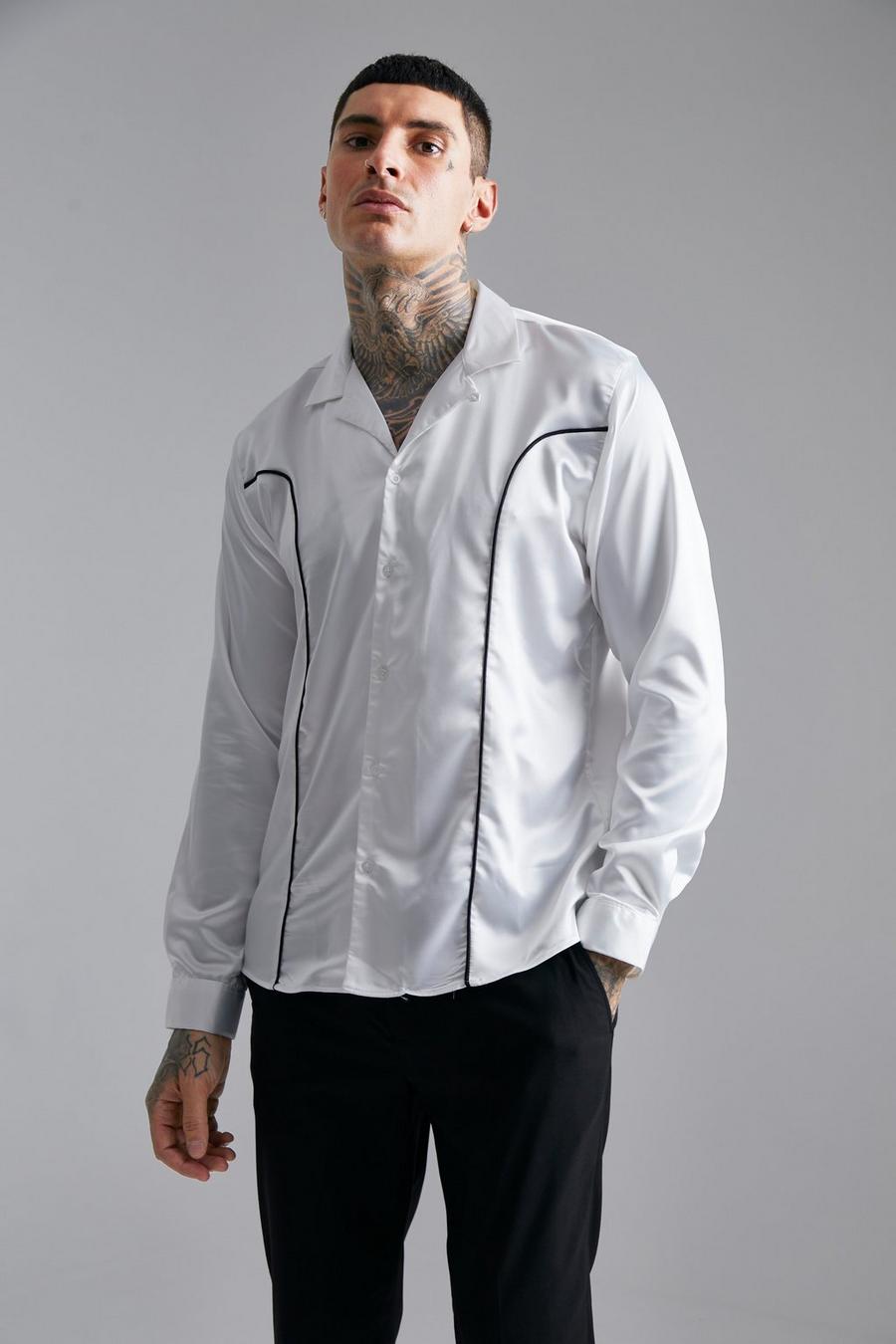 White Långärmad skjorta i satin med kantband image number 1