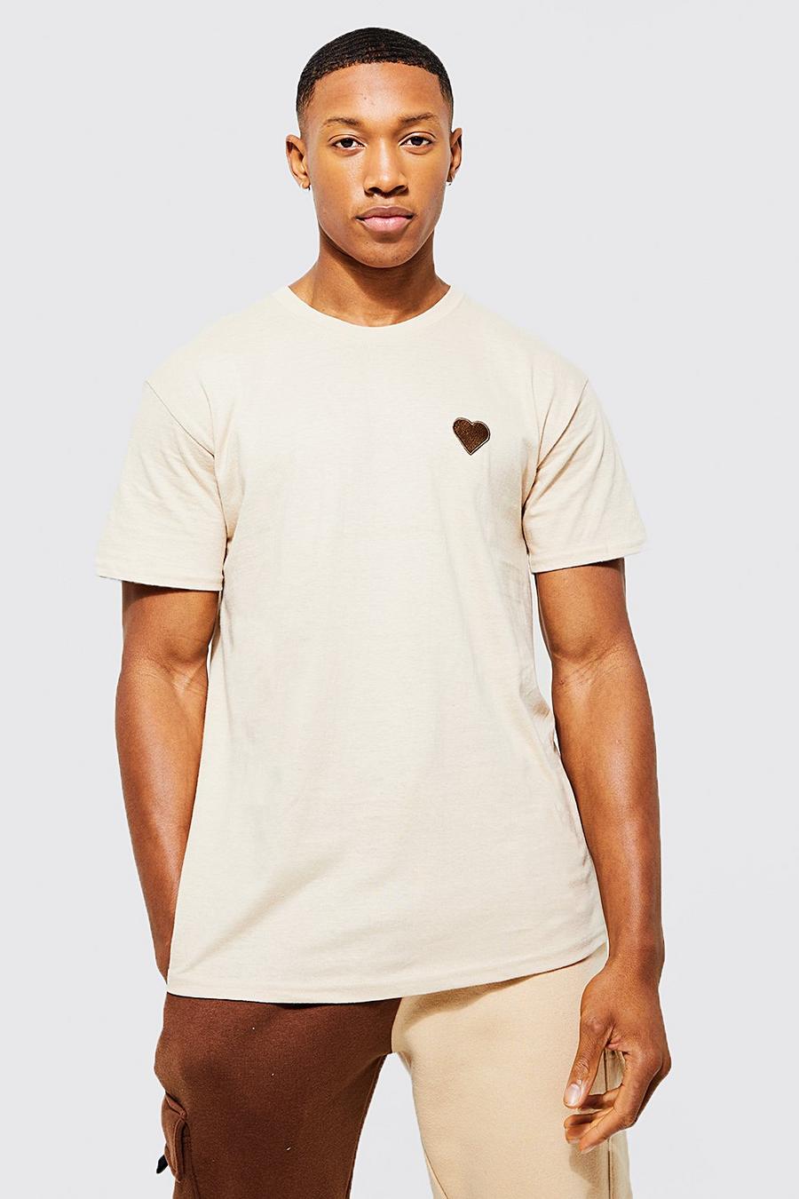 T-Shirt mit Herz-Stickerei, Sand beige