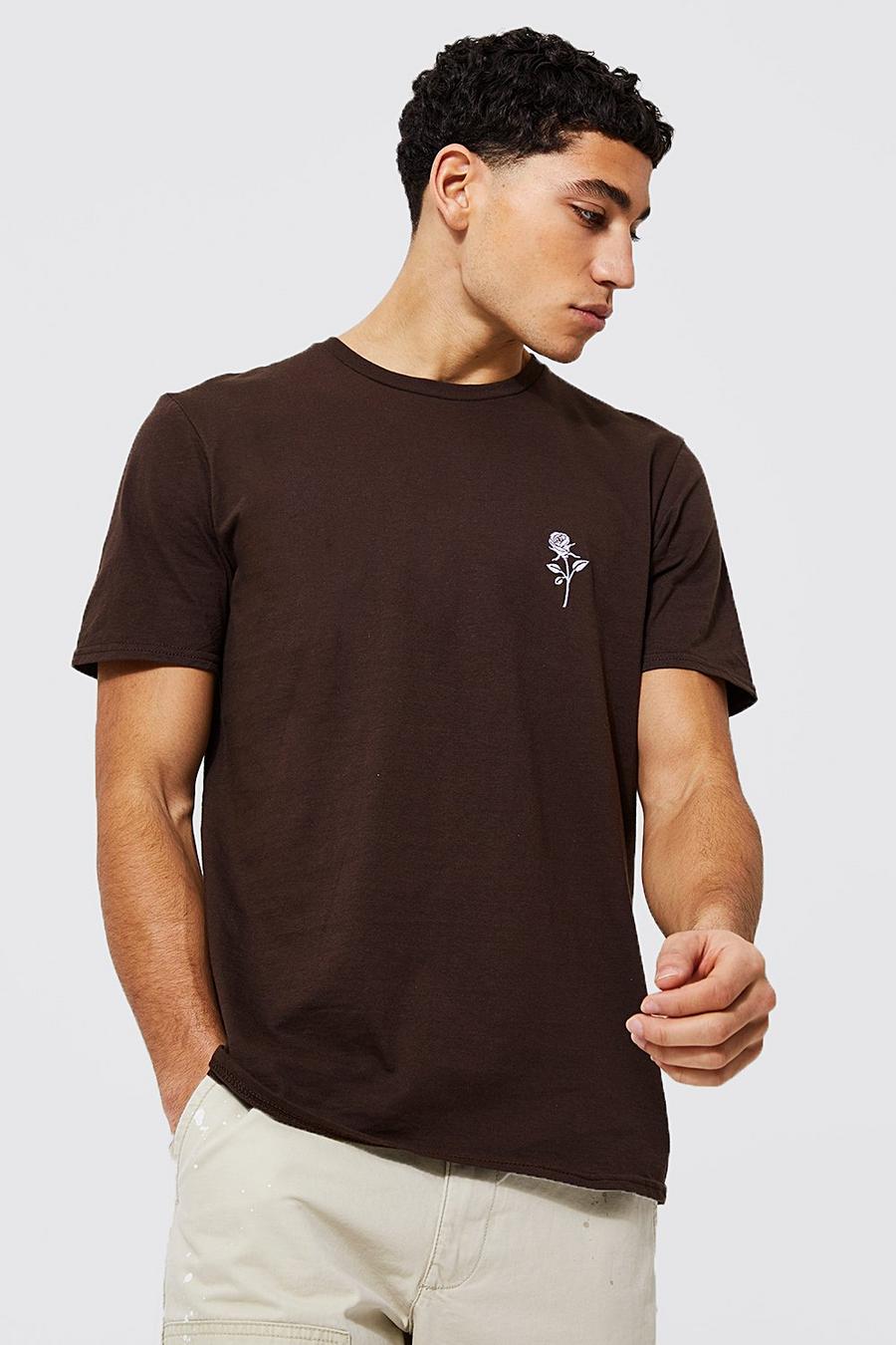 Chocolate brun Rose Embroidered T-shirt
