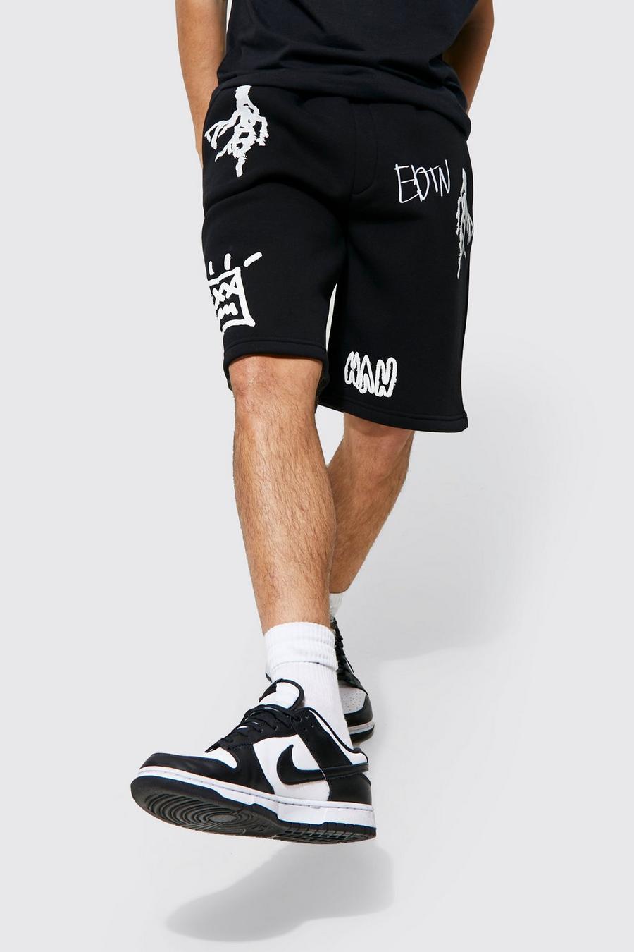 Black Oversized Edtn Graphic Jersey Shorts