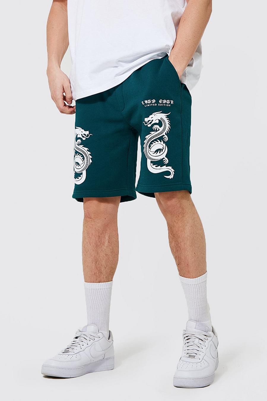 Green Loose Fit Dragon Graphic Jersey Shorts image number 1