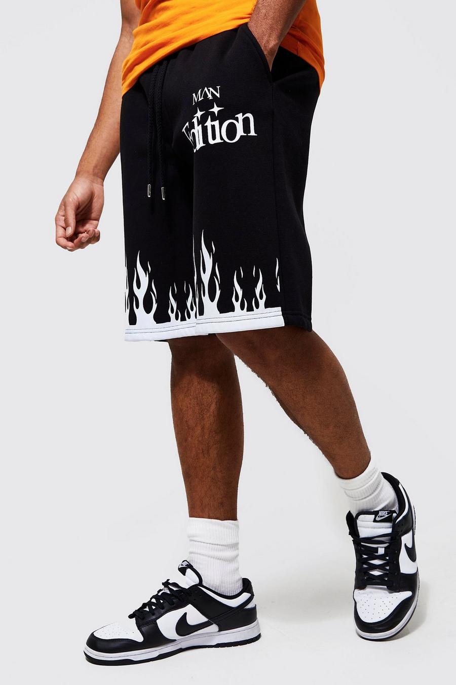 Oversize Jersey-Shorts mit Flammen-Print, Black schwarz