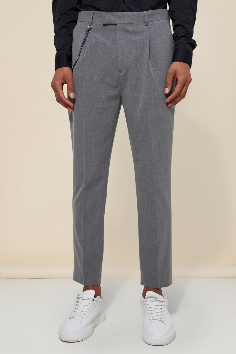 Light grey gris מכנסיים אלגנטיים חלקים בגזרת קרסול צרה עם עיטור שרשרת  image number 1