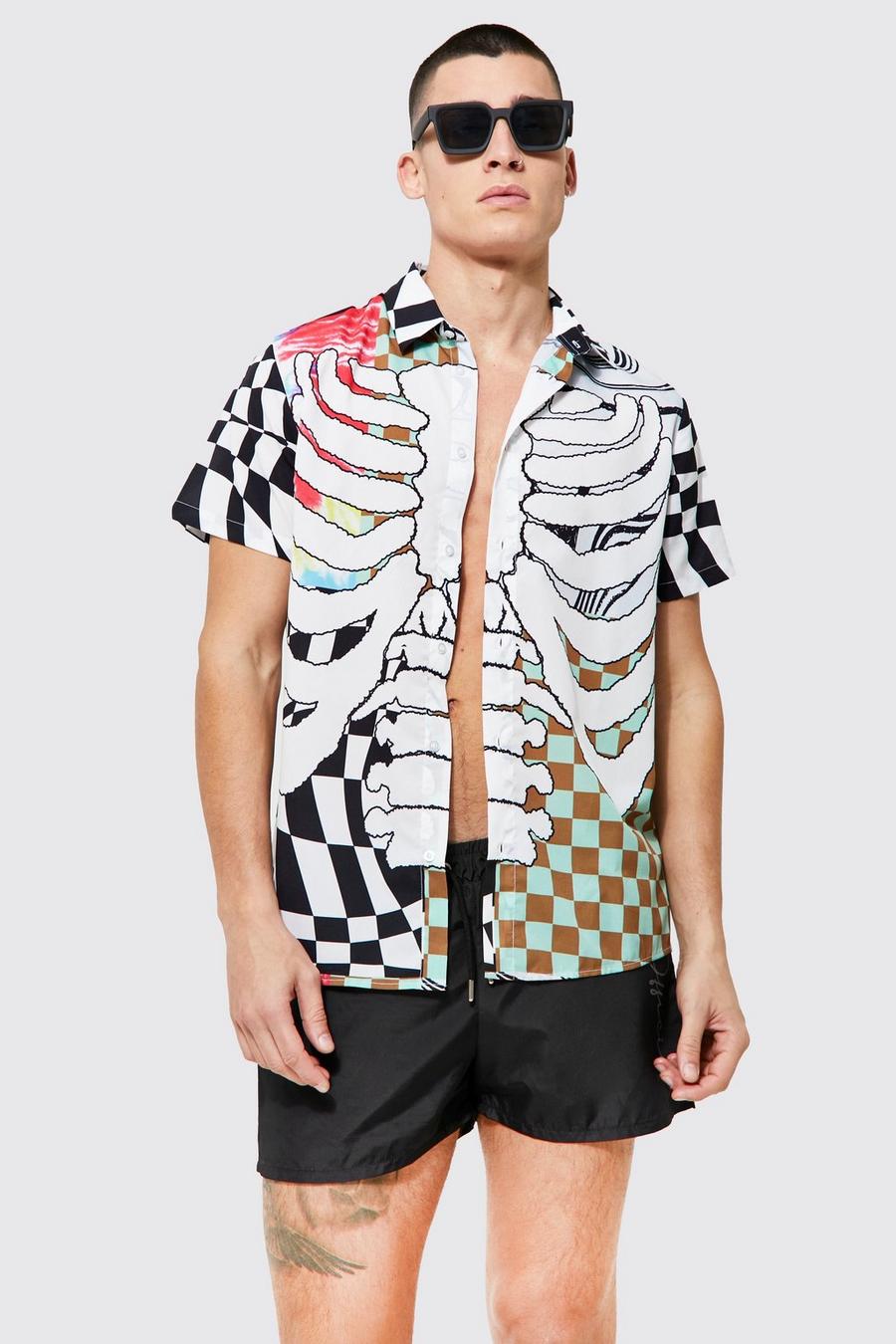 Multi Checkerboard Skeleton Print Oversized Shirt image number 1