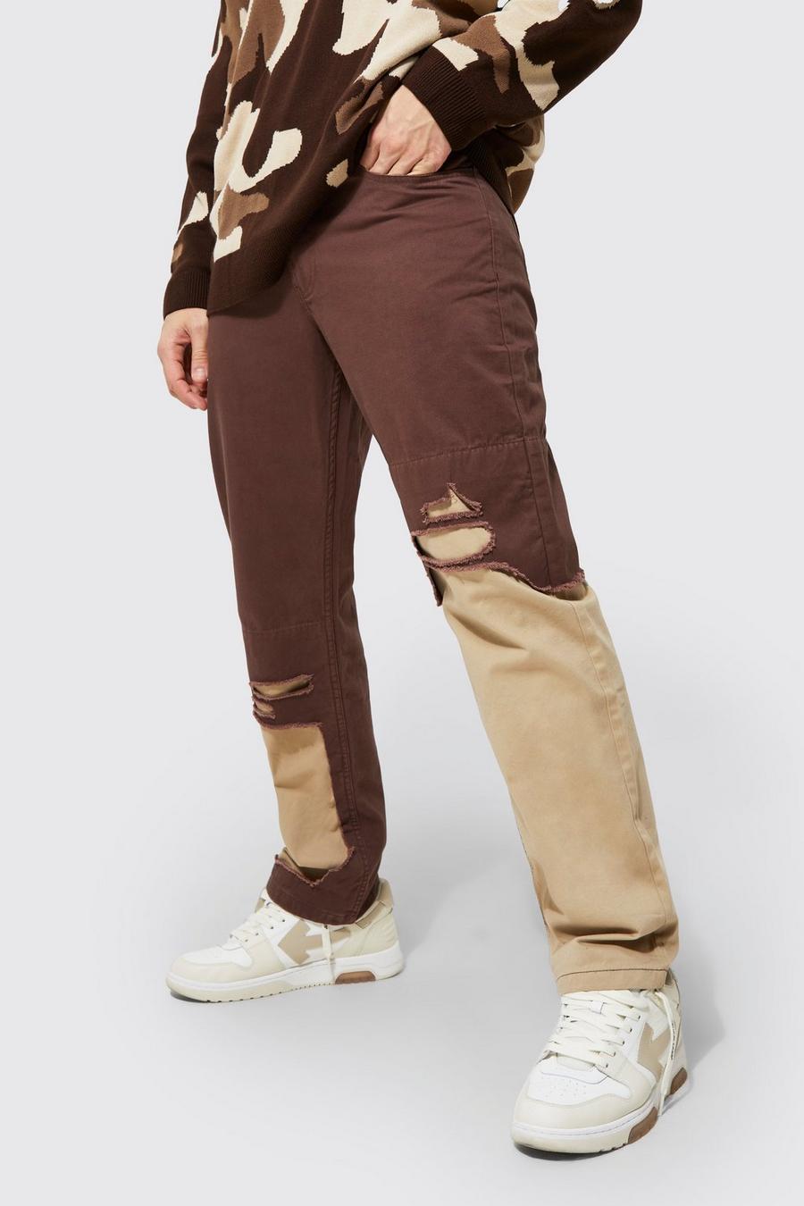 Chocolate Fixed Waist Straight Fit Distressed Trouser image number 1