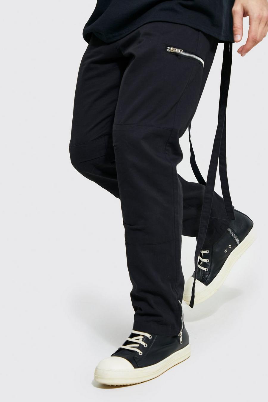 Black Straight Leg Strap And Zip Cargo Trousers image number 1