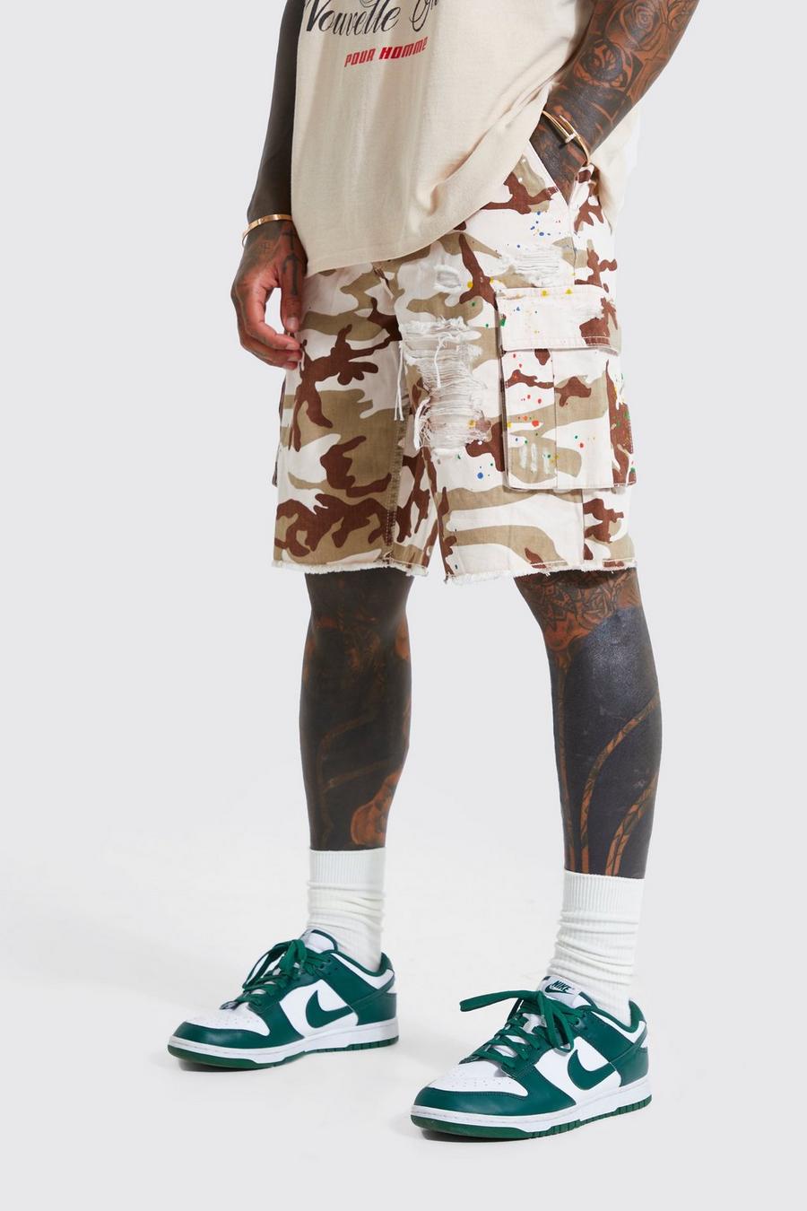 Stone beige Oversized Fit Camo Shorts With Paint Splatter