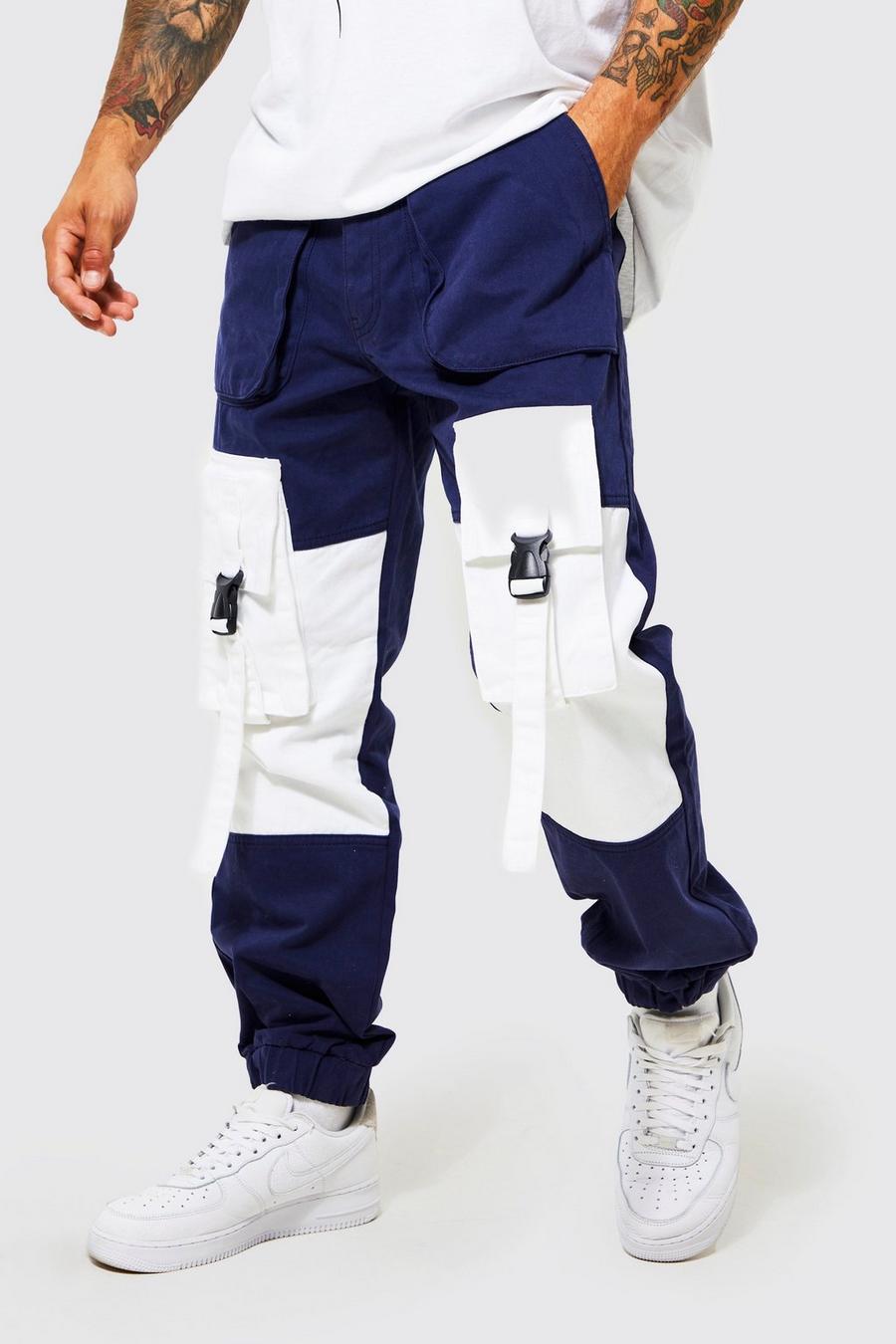 Navy Fixed Wait Slim Fit Colourblock Cargo Jogger image number 1