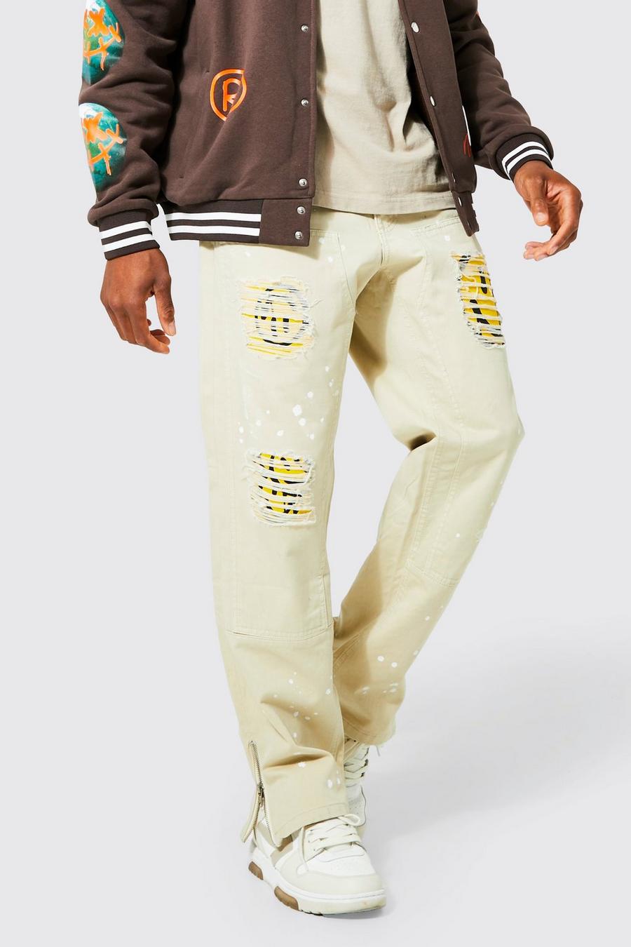 Stone beige Straight Leg Graphic Ripped Worker Trousers