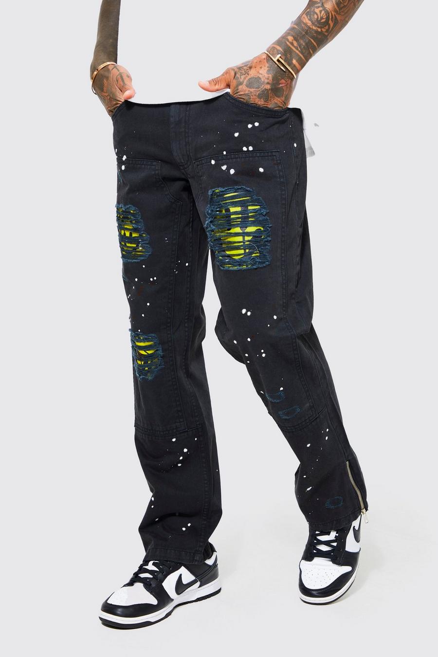 Pantalón estilo obrero de pernera recta roto con estampado gráfico, Black nero image number 1