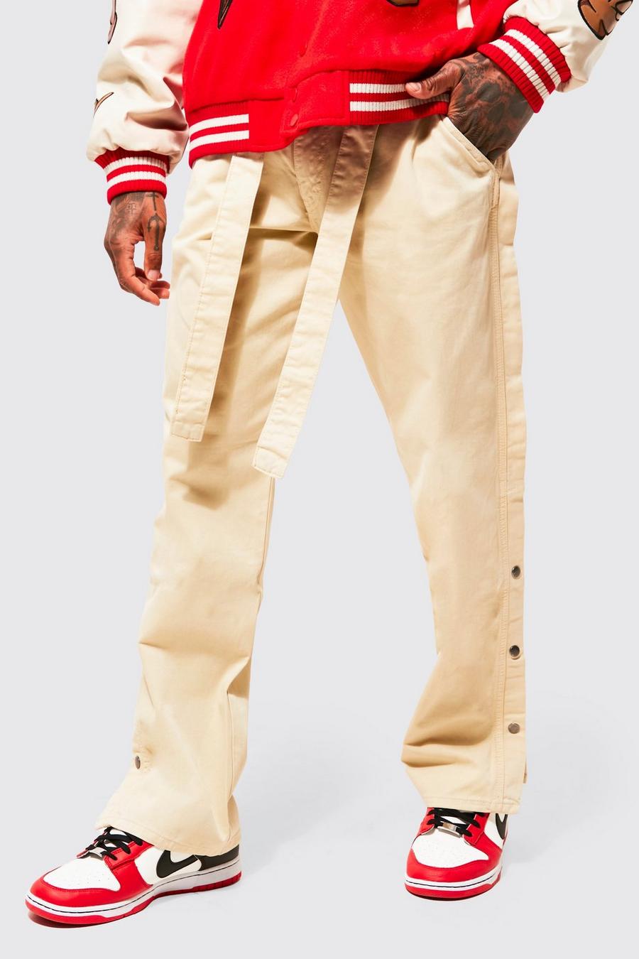 Stone beige Relaxed Fit Popper Hem Trousers With Belt