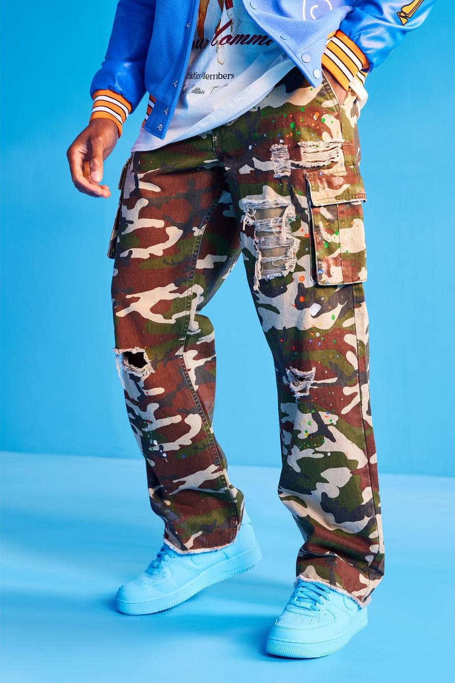 Khaki Fixed Waist Relaxed Paint Camo Cargo Trouser  image number 1