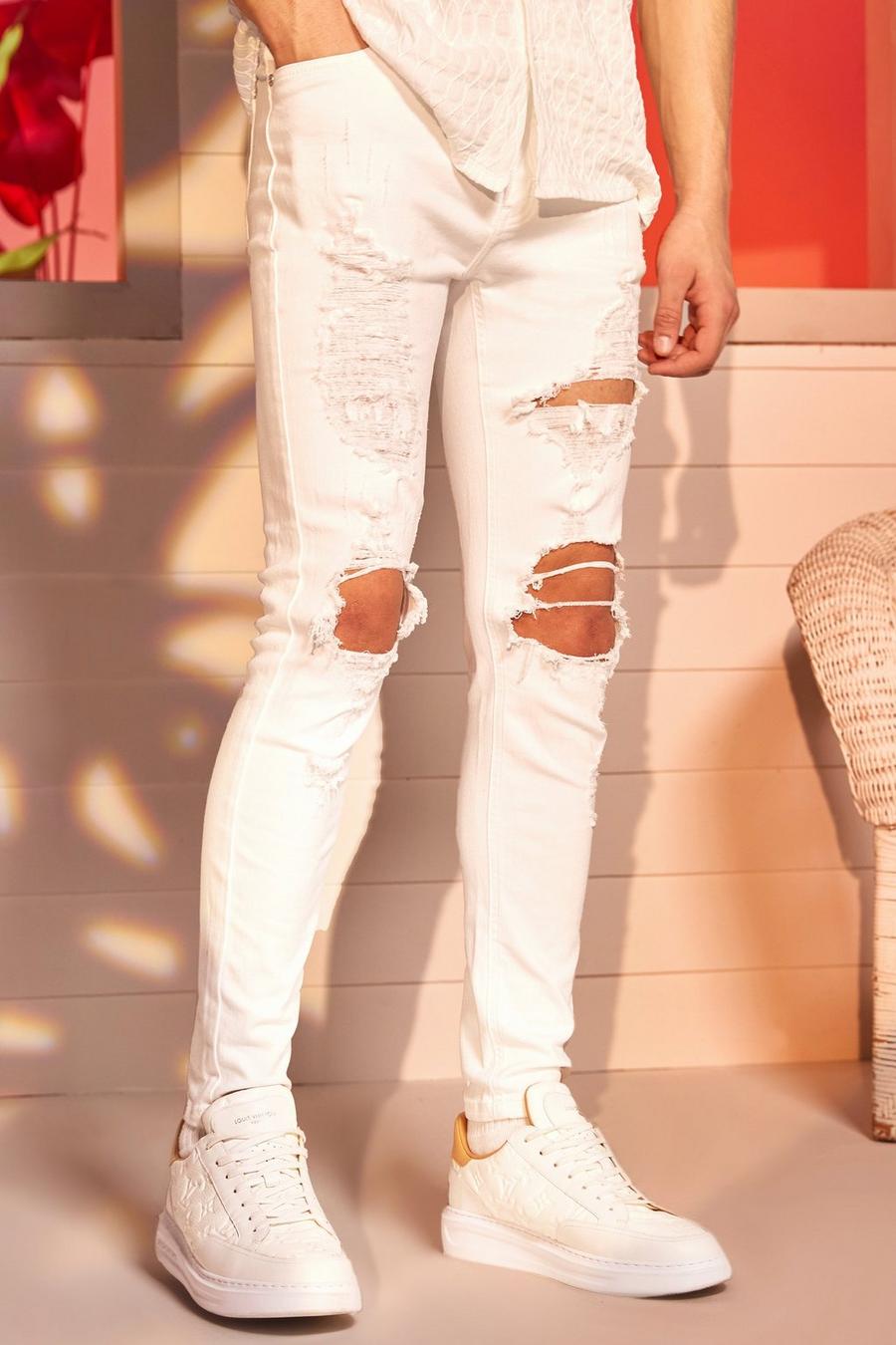 Jeans Skinny Fit in Stretch con pieghe sul fondo e strappi, White image number 1
