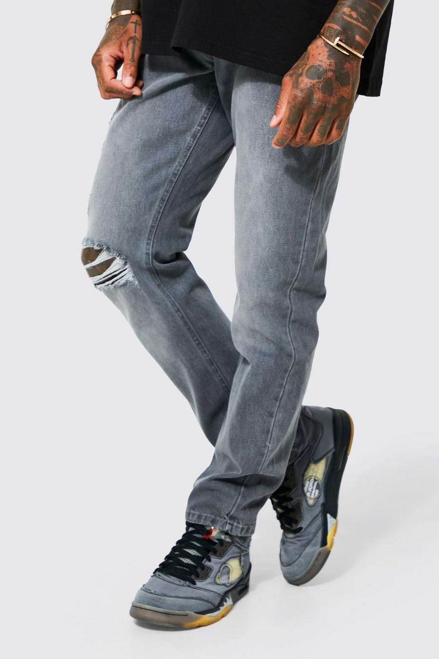 Charcoal grey Straight Leg Busted Knee Jean
