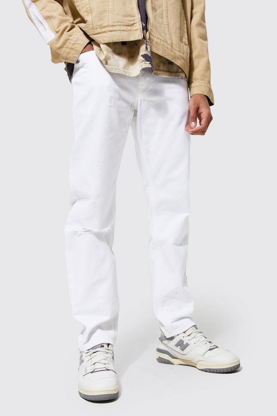 לבן ג'ינס בגזרה ישרה עם קרעים בברך image number 1