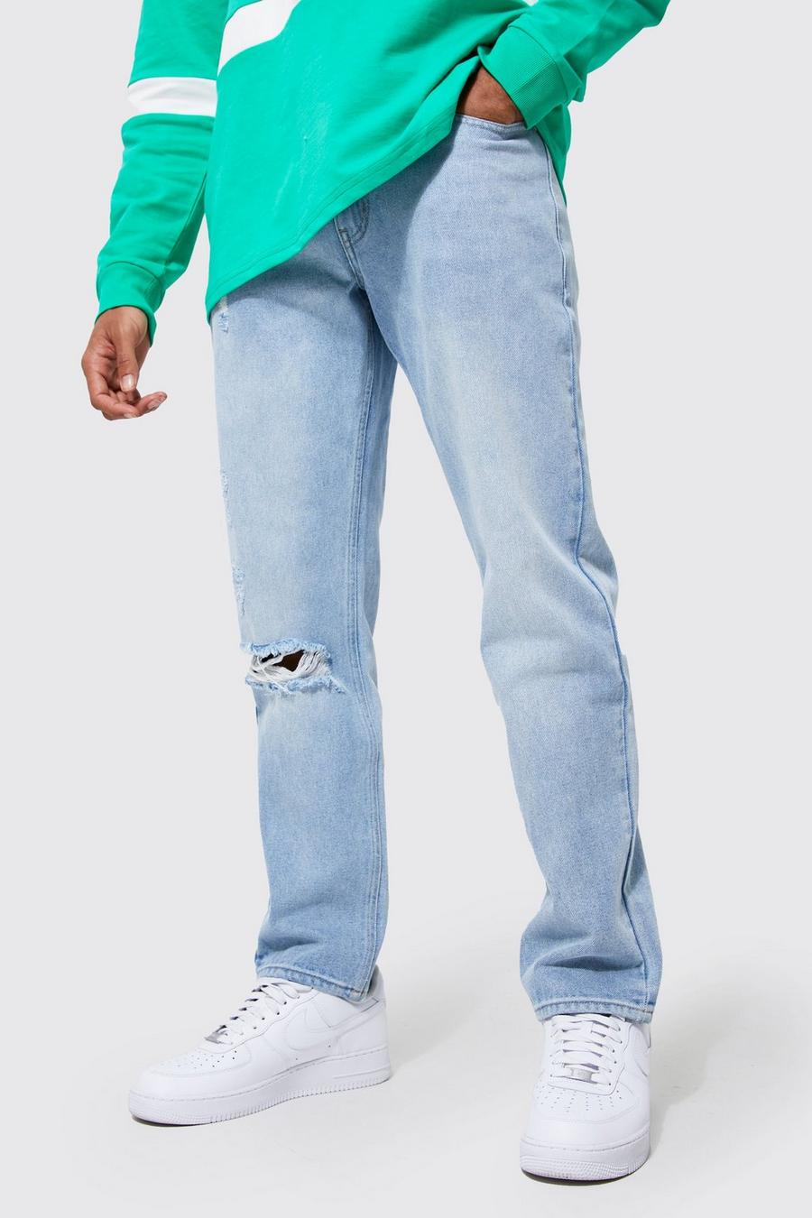 Light blue azzurro ג'ינס בגזרה ישרה עם קרעים בברך