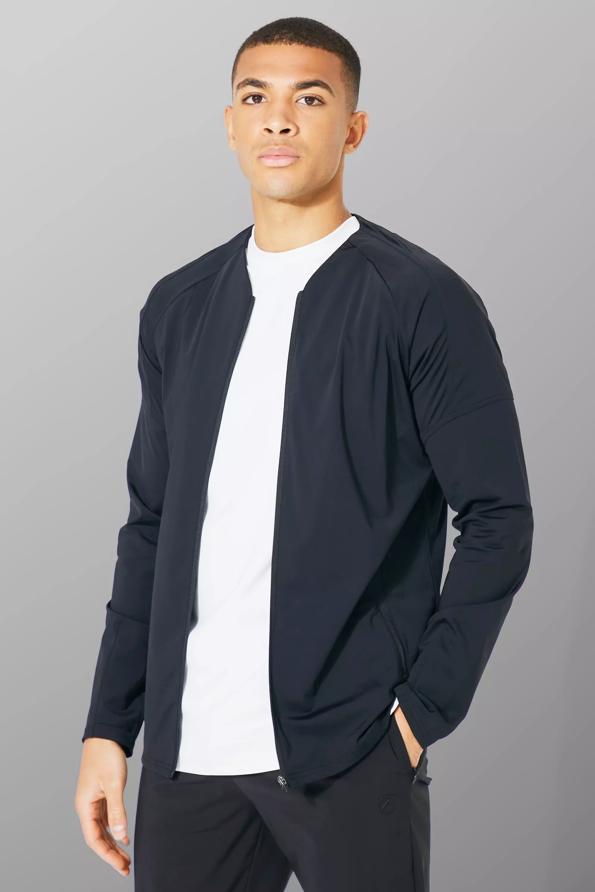 Collarless on sale bomber jacket