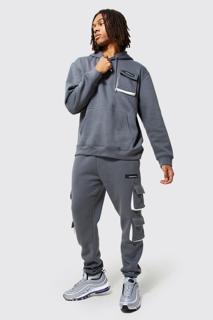 Charcoal Oversized Official Man Hooded Cargo Tracksuit image number 1