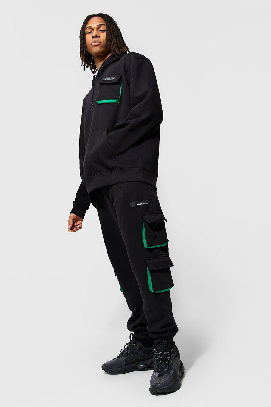 Black Oversized Official Man Hooded Cargo Tracksuit