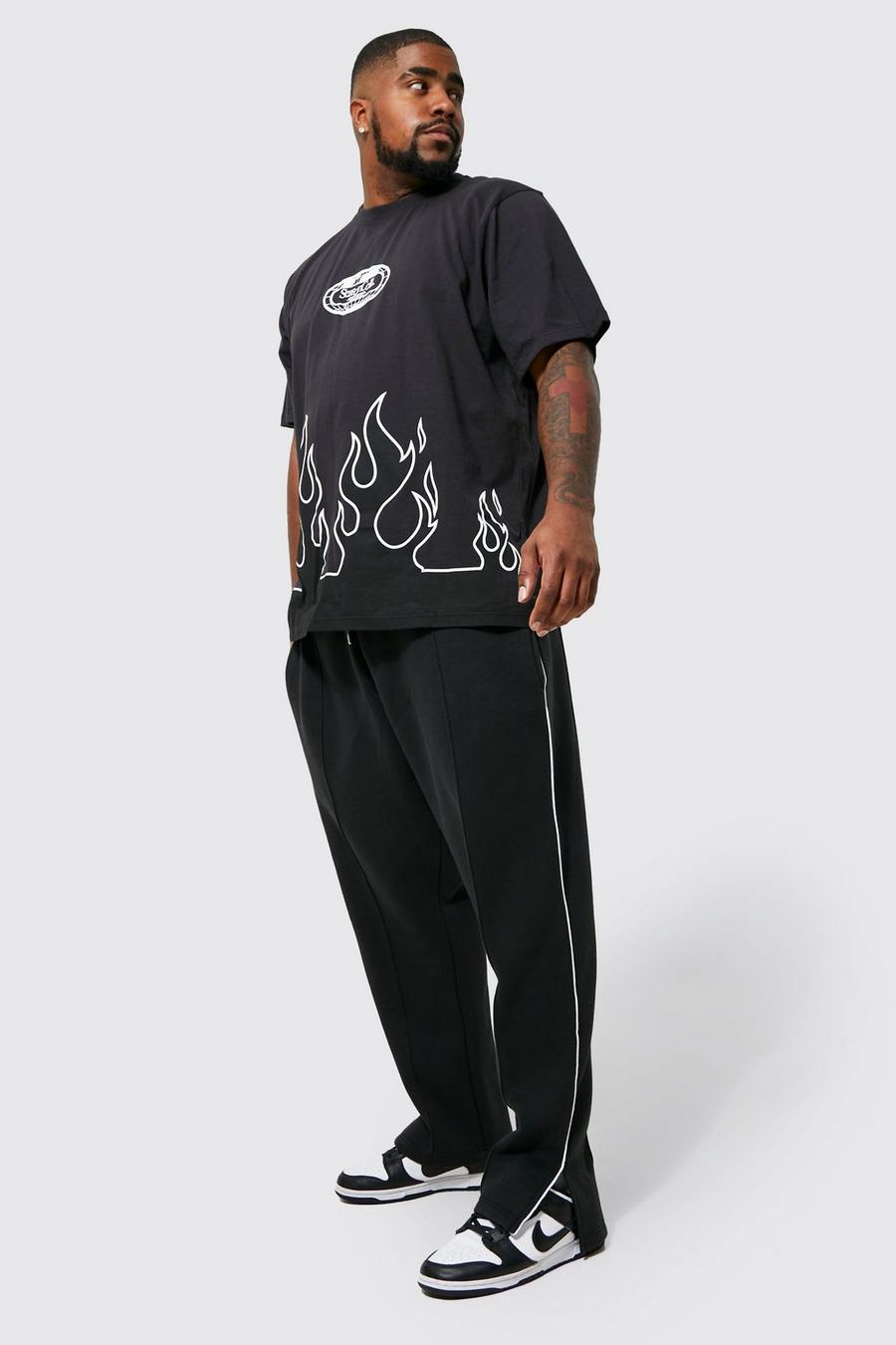 Plus T-Shirt und Jogginghose mit Flammen-Print, Black image number 1