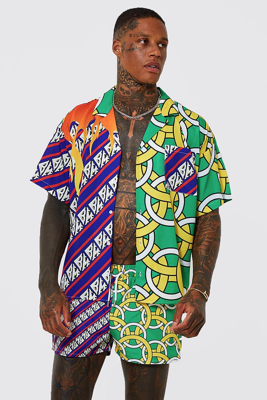 Kastiges gespleißtes Hemd und Badehose mit abstraktem Print, Multi
