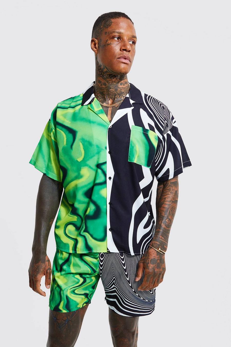 Green Boxy Spliced Marble Shirt And Swims image number 1