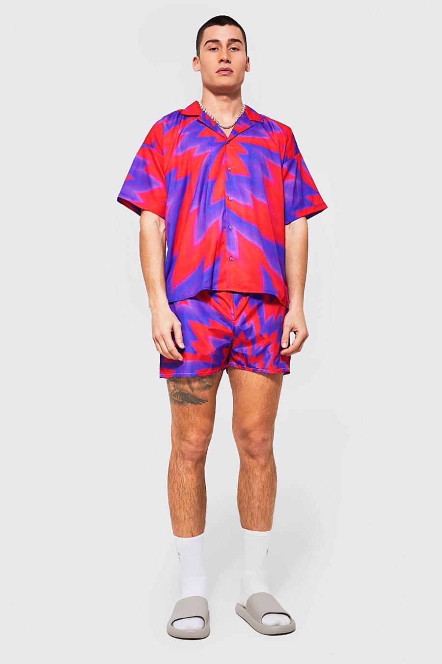 Red Boxy Abstract Shirt And Swims