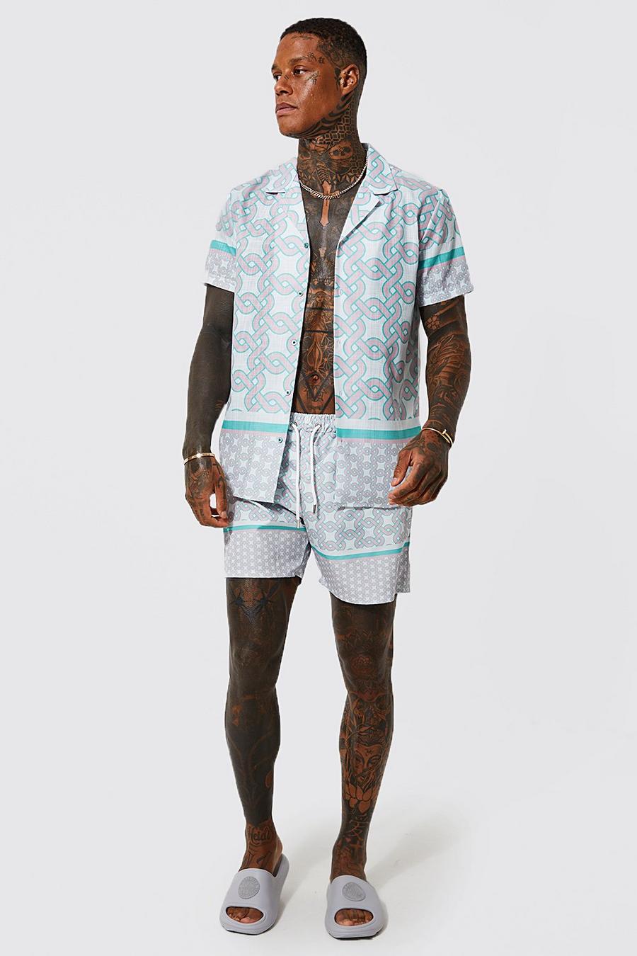 Topshop - Ensemble de plage avec short et chemise de vacances à imprimé  croquis - Cobalt