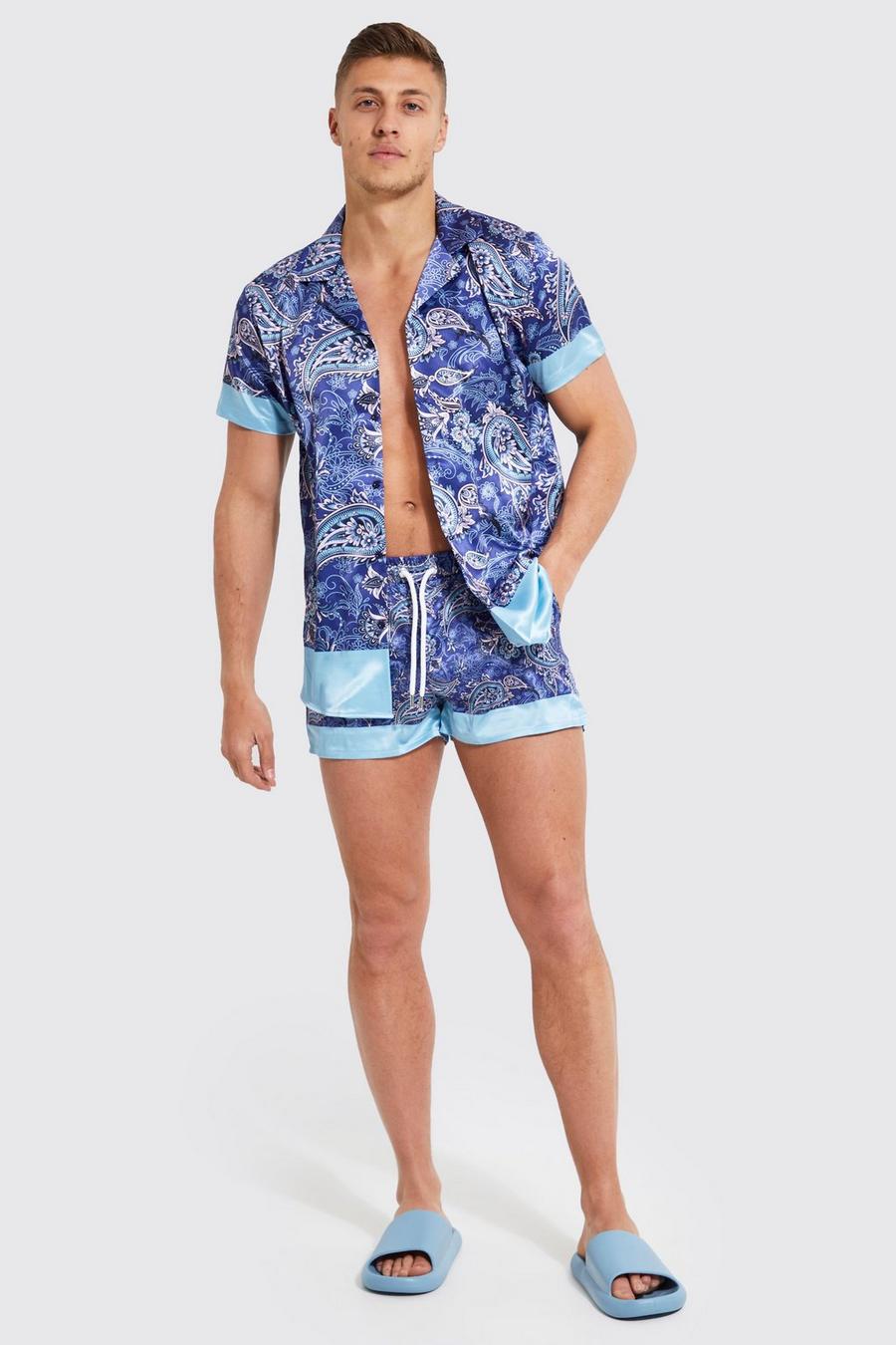Blue Satin Dropped Revere Paisley Shirt And Shorts image number 1