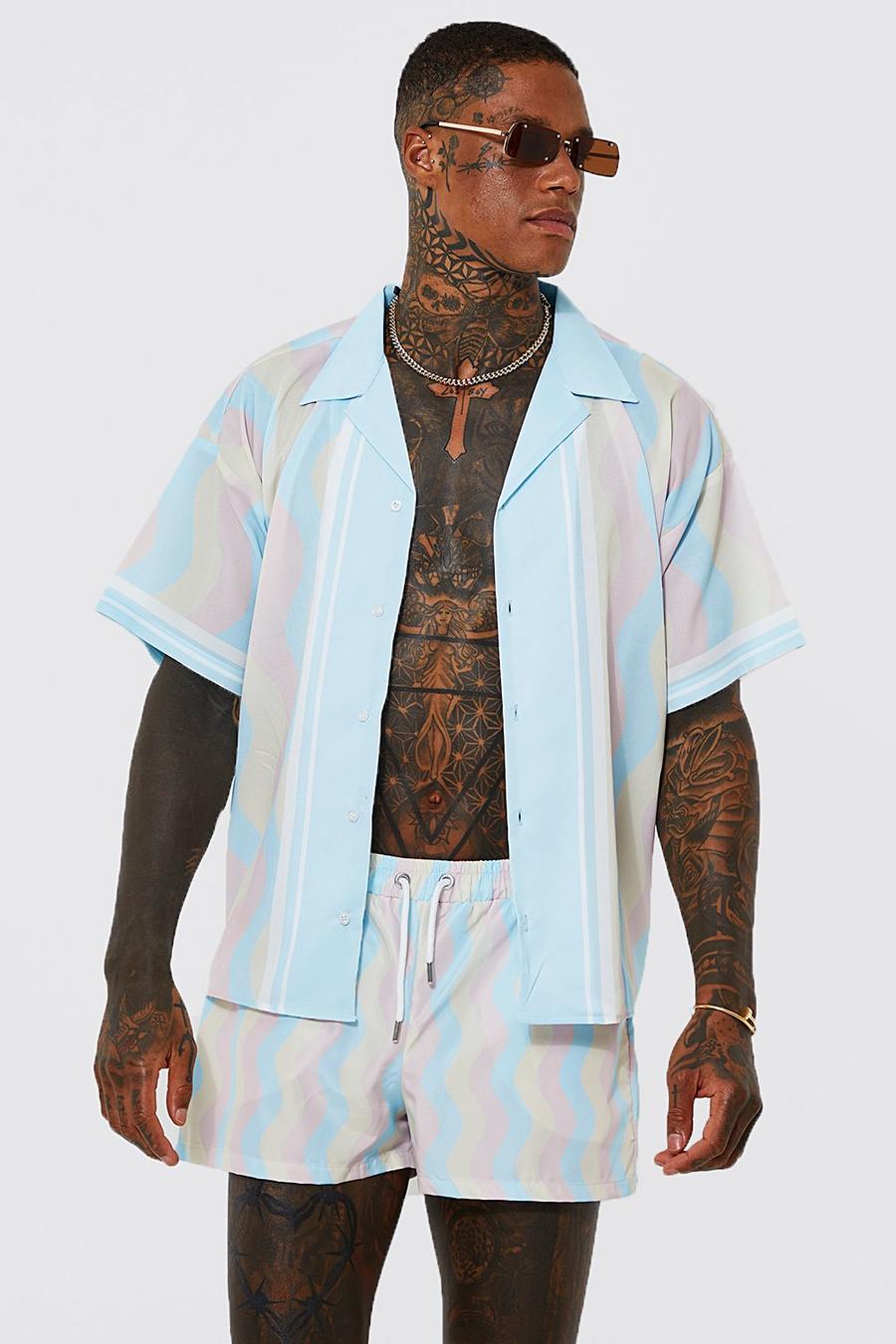 Light blue Boxy Fit Wavy Border Shirt And Swims image number 1
