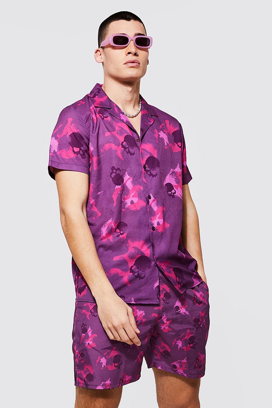 Fuchsia pink Kamouflagemönstrad satinskjorta och shorts