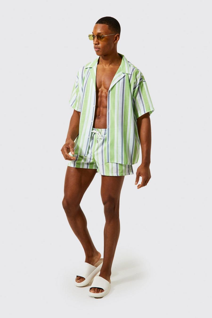 Lime Boxy Textured Stripe Shirt And Swims image number 1