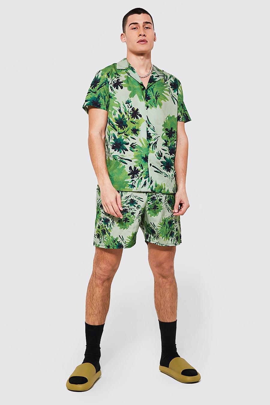 Green verde Dropped Revere Floral Shirt And Swims