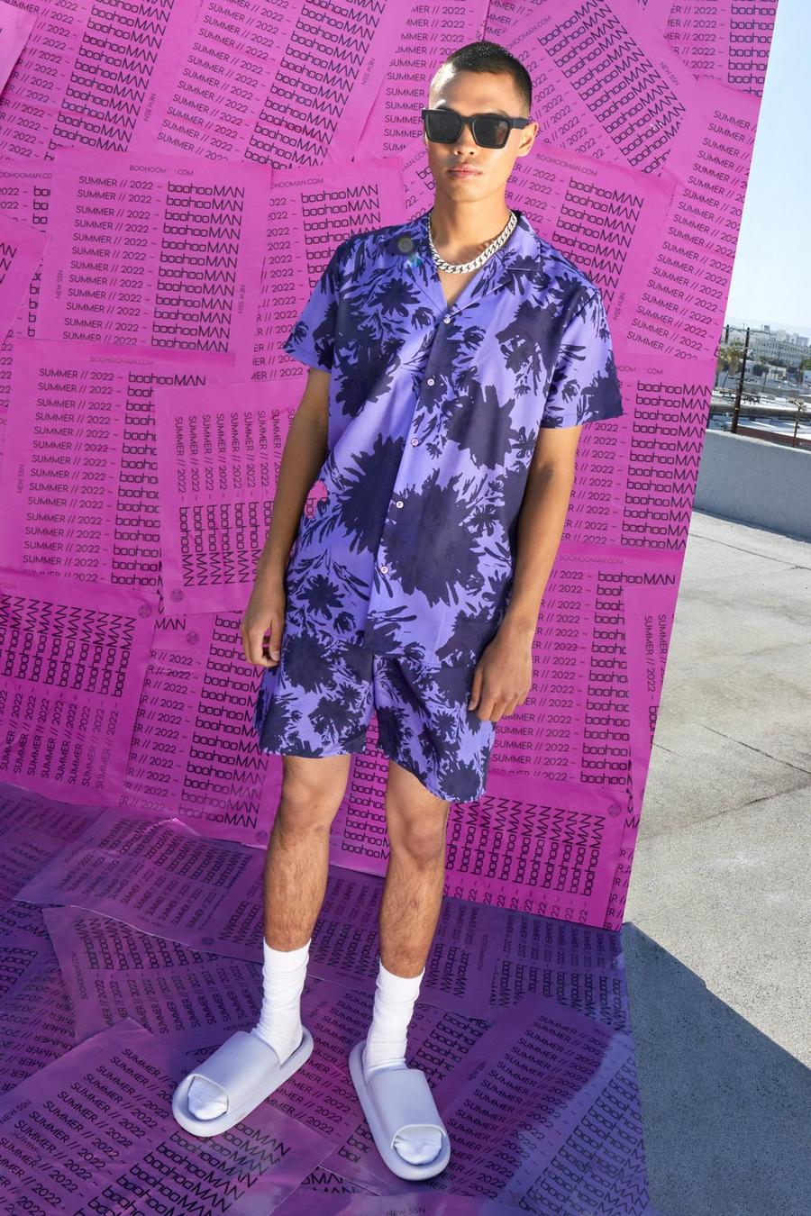 Purple Short Sleeve Floral Shirt And Swims image number 1
