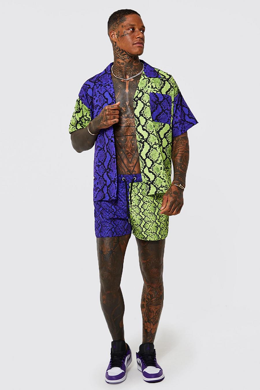 Camicia squadrata effetto patchwork con serpente & costume a pantaloncino, Purple image number 1