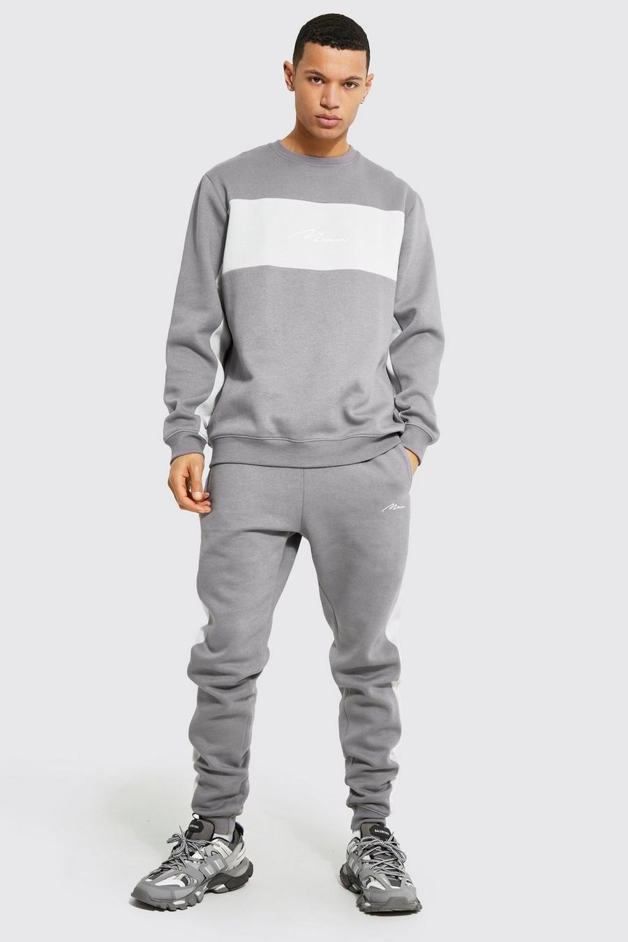 Light grey Tall Script Colour Block Sweater Tracksuit image number 1