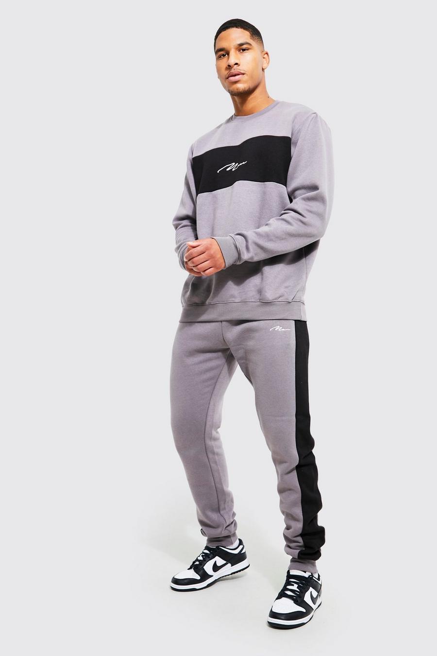 Dark grey Tall - Träningsoverall med sweatshirt och blockfärger image number 1