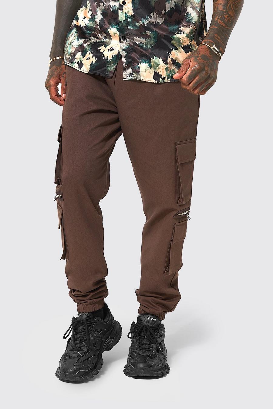 Chocolate Twill Multi Pocket Cargo Trousers With Zips image number 1
