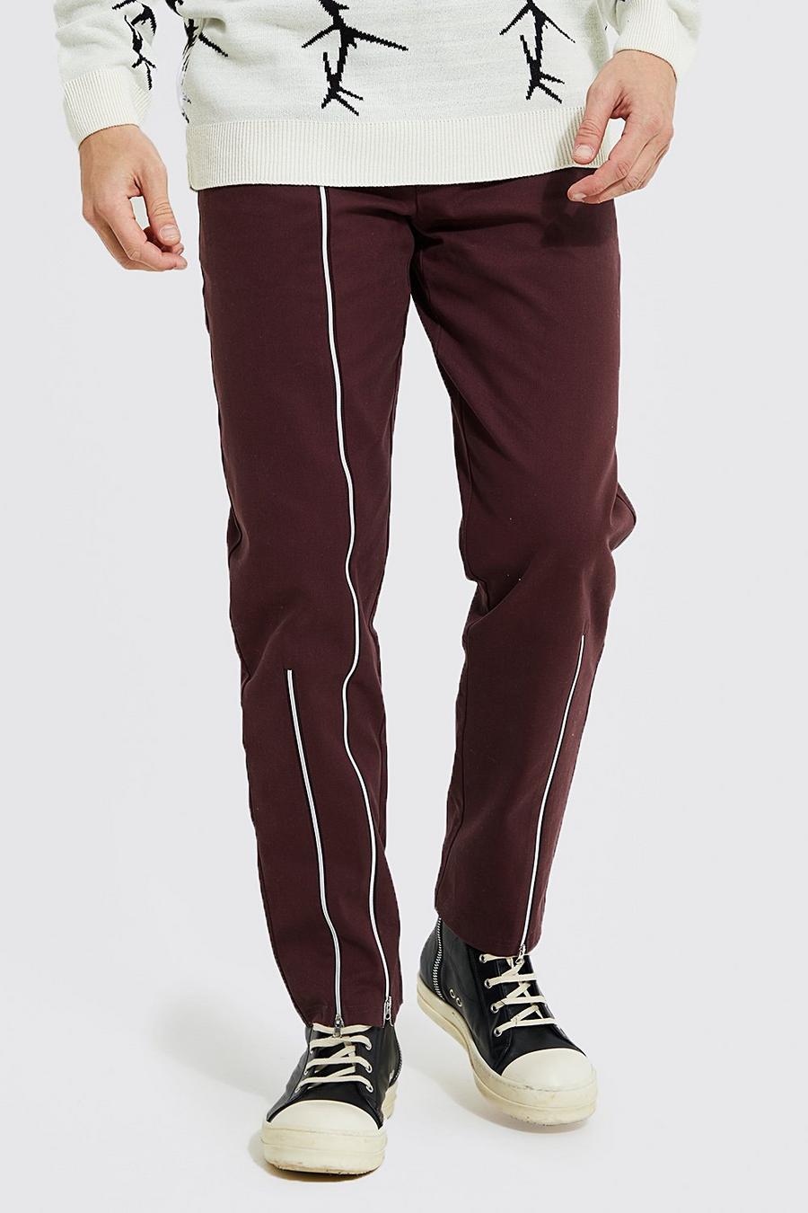 Pantalon droit à ourlets zippés, Chocolate brown