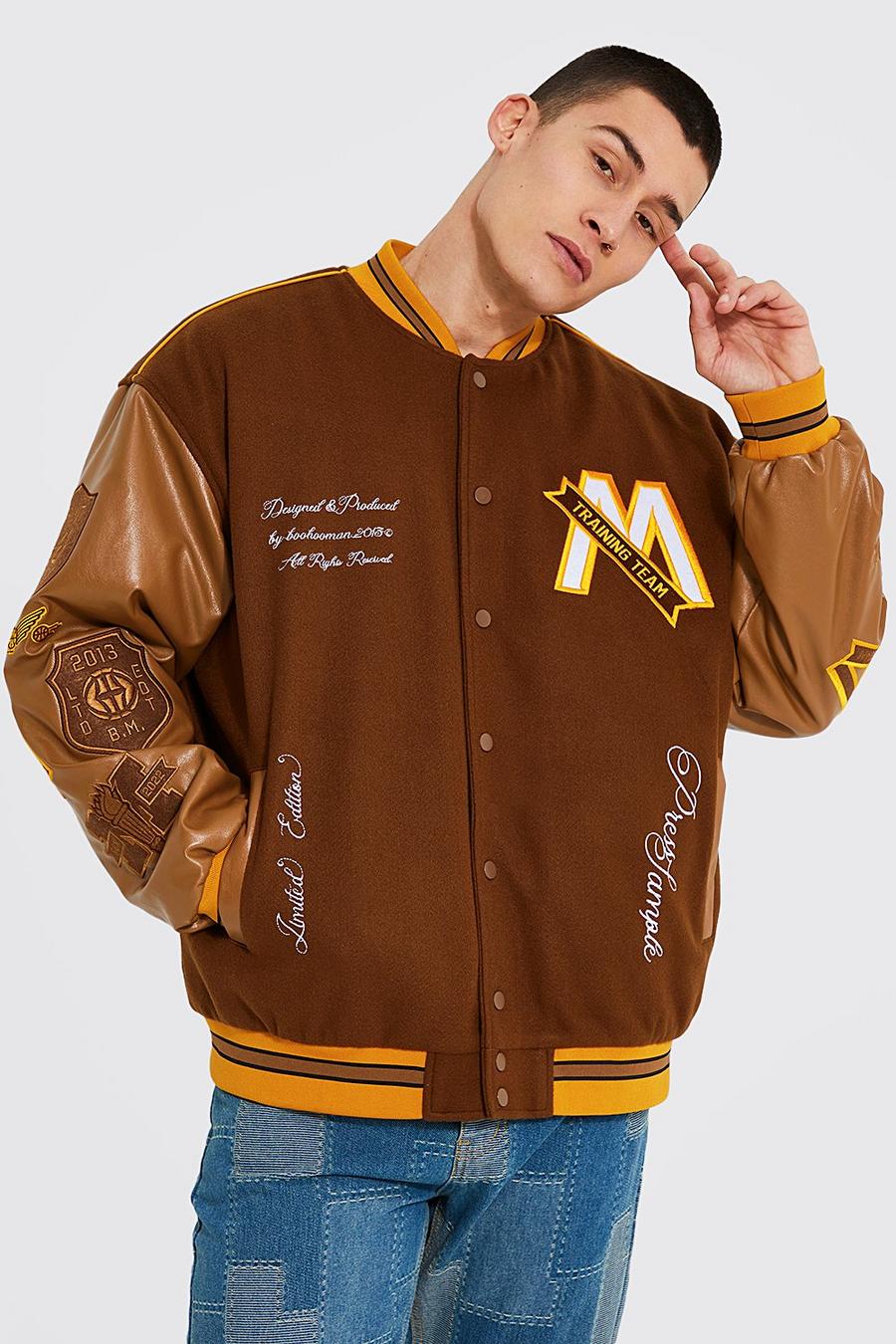 Chocolate Oversized M Varsity Jacket With Back Piping Detail  image number 1