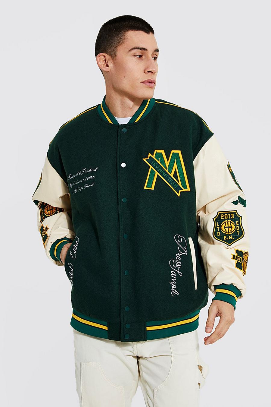 Green grön Oversized M Varsity Jacket With Back Piping Detail  image number 1