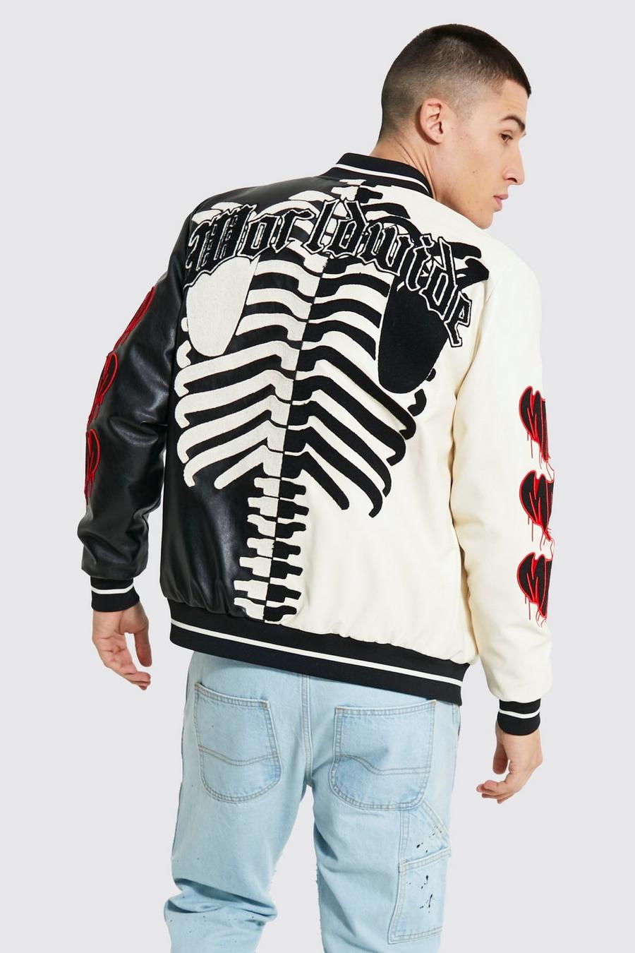 Spliced Skeleton And Heart Varsity Bomber | boohoo USA Spliced Skeleton And Heart Varsity Bomber | boohoo USA