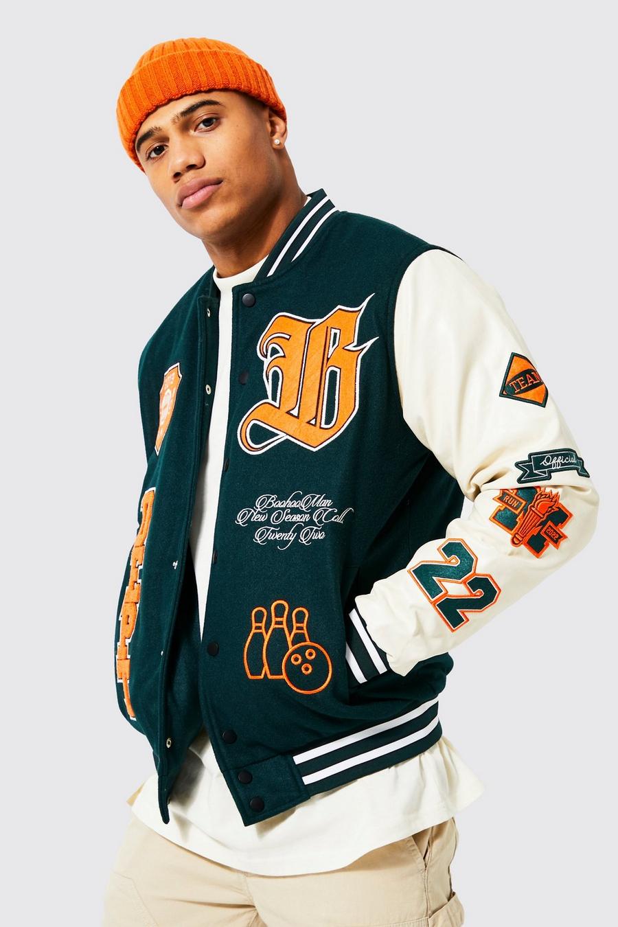 Bomber Official stile Varsity con stampa lettera B in caratteri gotici sul retro, Teal image number 1