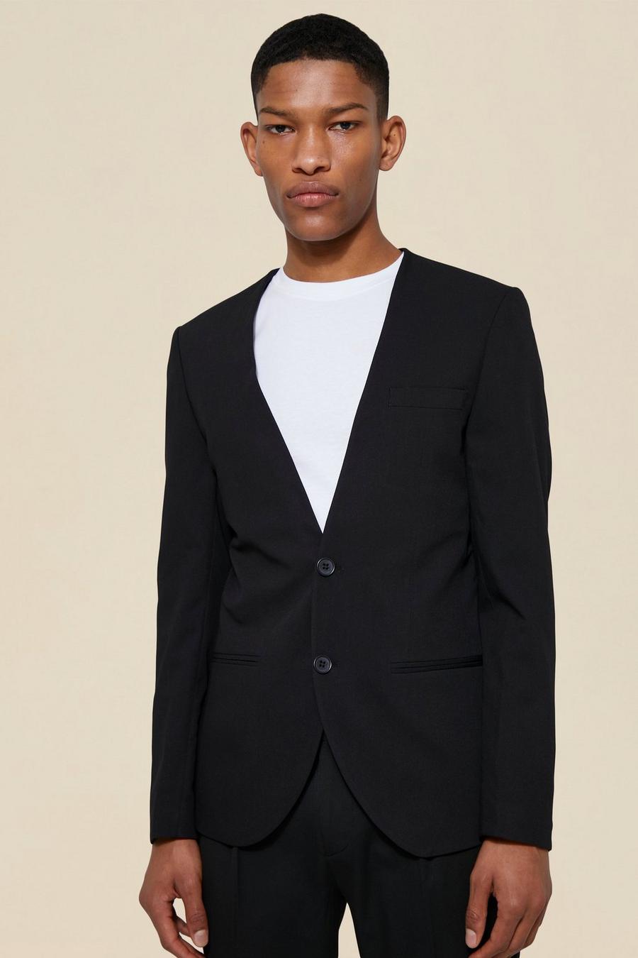 Black svart Collarless Suit Jacket image number 1