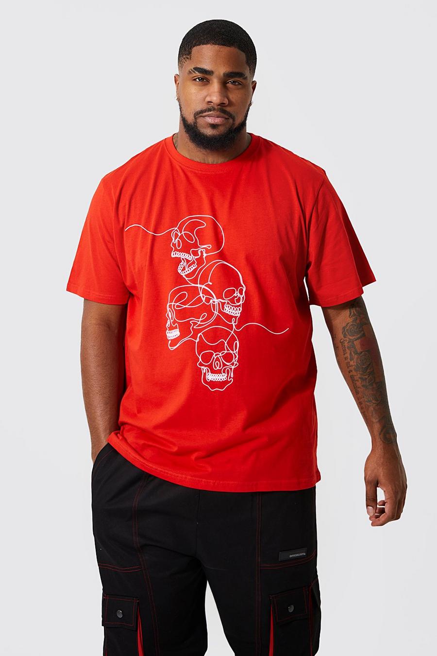 Red Plus Line Drawn Skull Print T-shirt image number 1