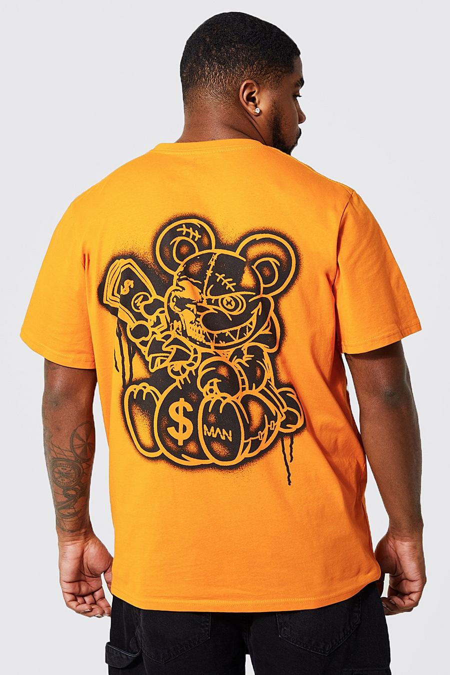 Camiseta Plus con estampado de grafiti y osito enfadado, Orange image number 1