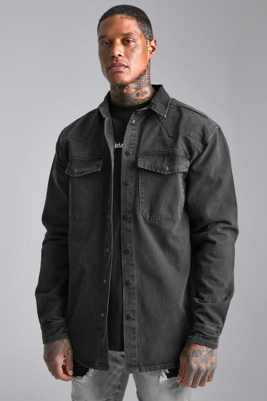 Charcoal grey Oversized Fit Popper Western Denim Shirt 