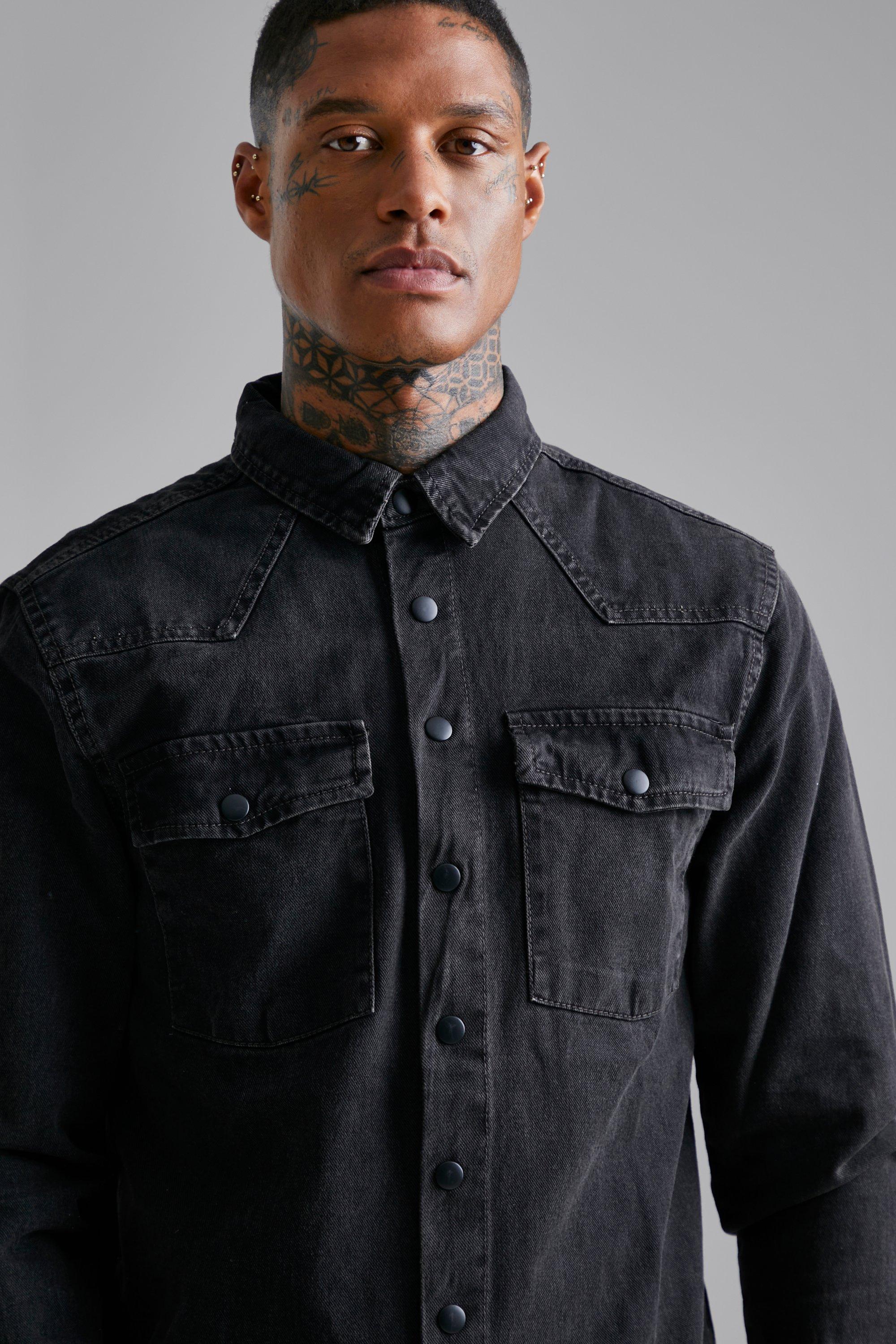 Mens slim denim deals shirt