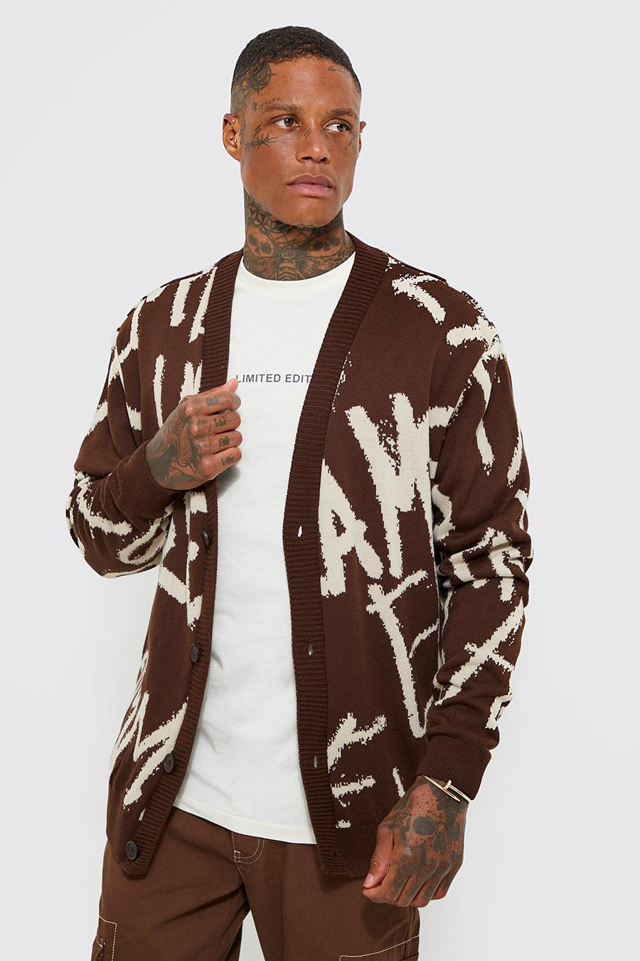 Chocolate Oversized Doodle Knitted Cardigan image number 1