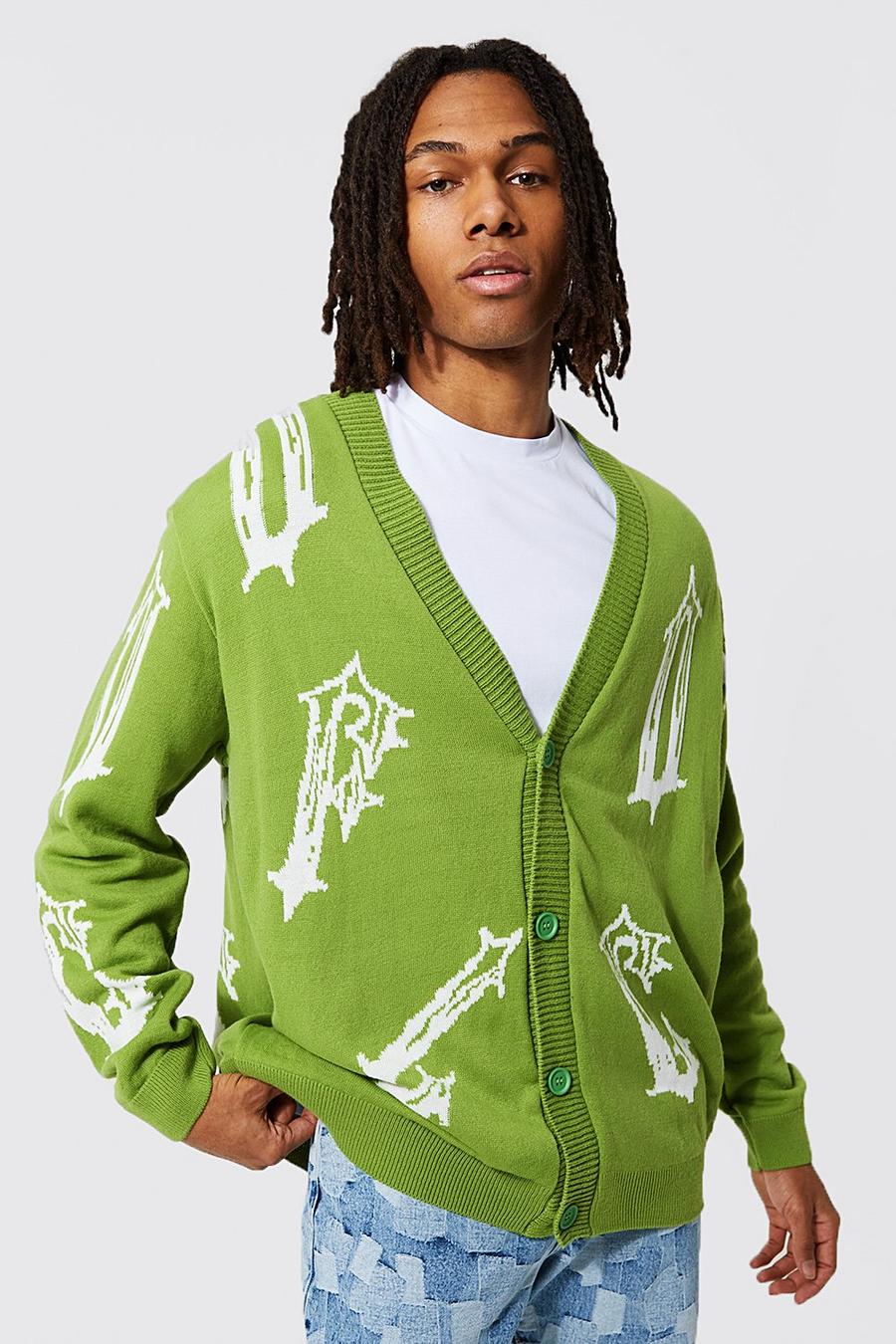 Green grön Oversized Graffiti Knitted Cardigan image number 1
